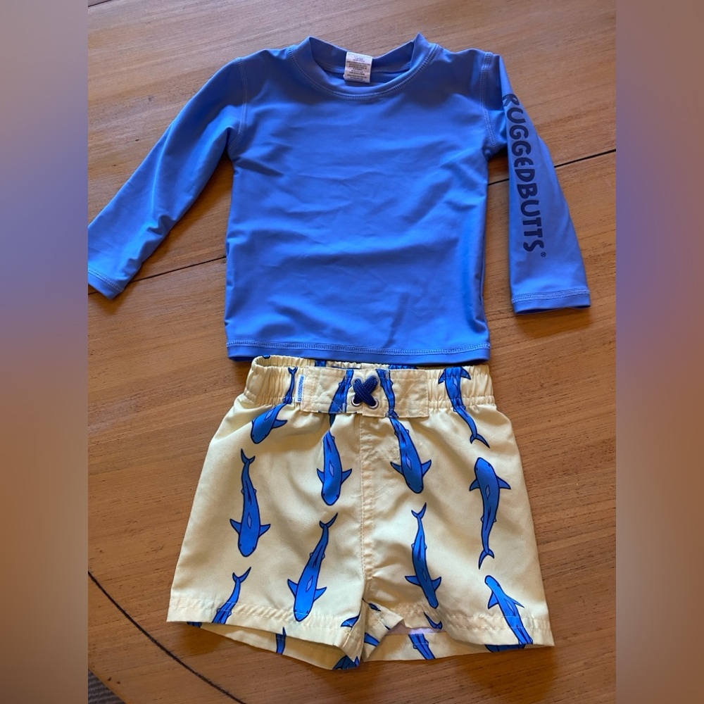 Boys Ruffle Butts Shark Swim trunks & top, great condition size 12-18 months
